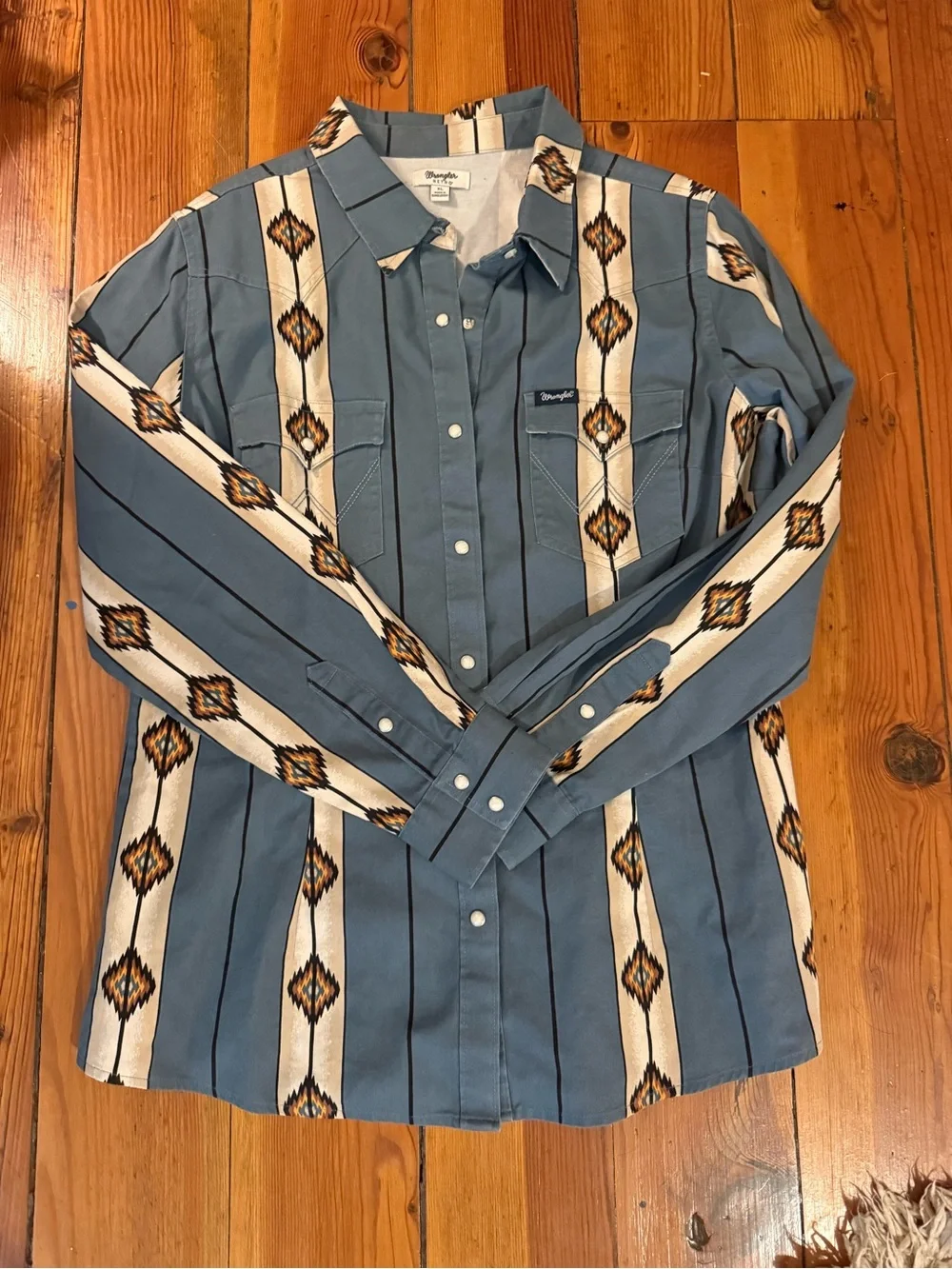 Wrangler Blue and Cream Southwestern Stripe Button-Down Shirt - Picture 1 of 3
